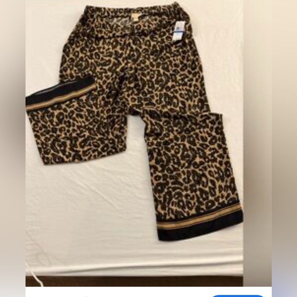 NWT Michael Kors Leopard Print Wide Leg Pants with Stripe Hem size M